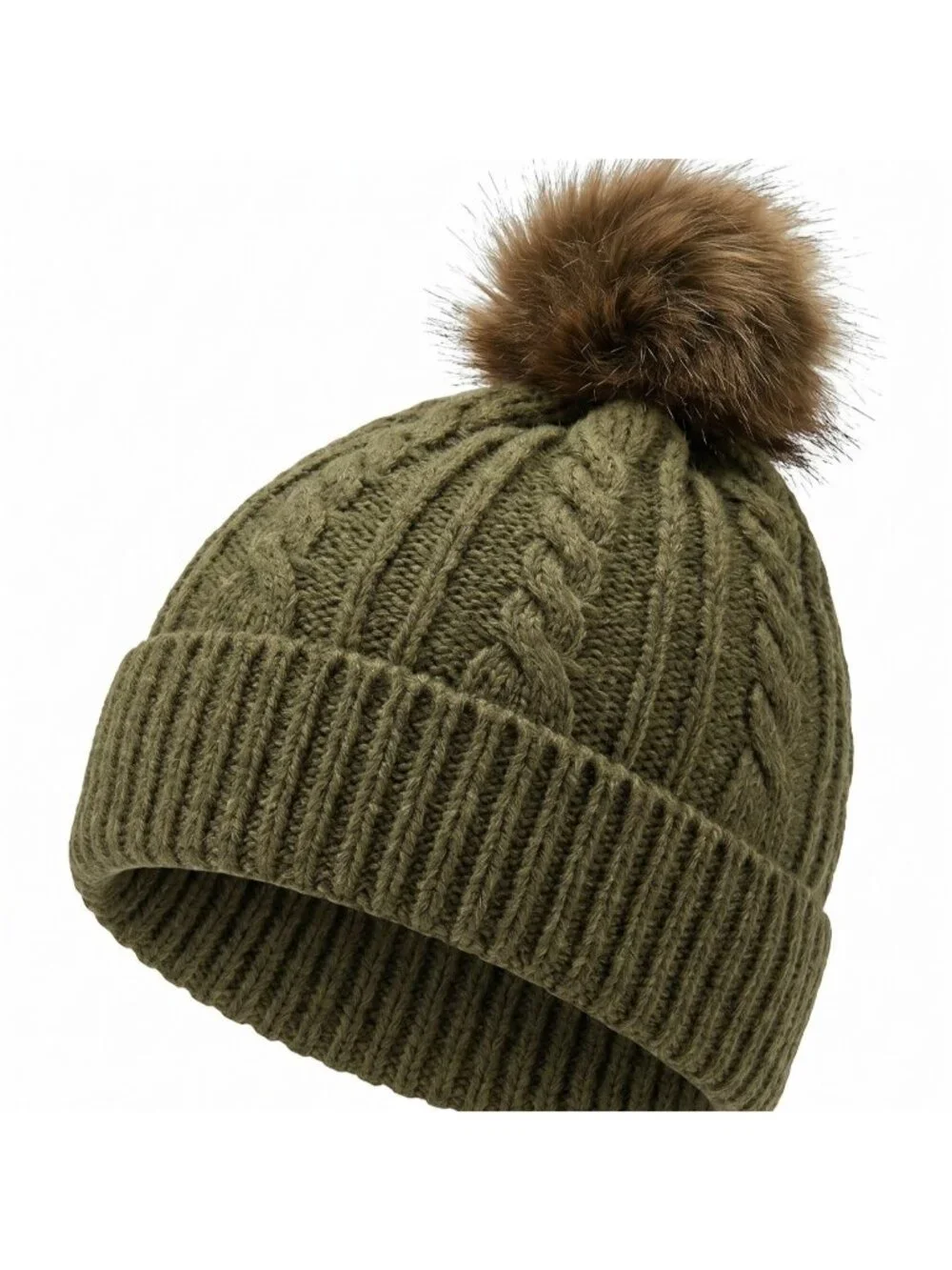 NWT DSG Girls Olive Green Cable Knit Pom Beanie Cozy Winter Hat One Size Youths